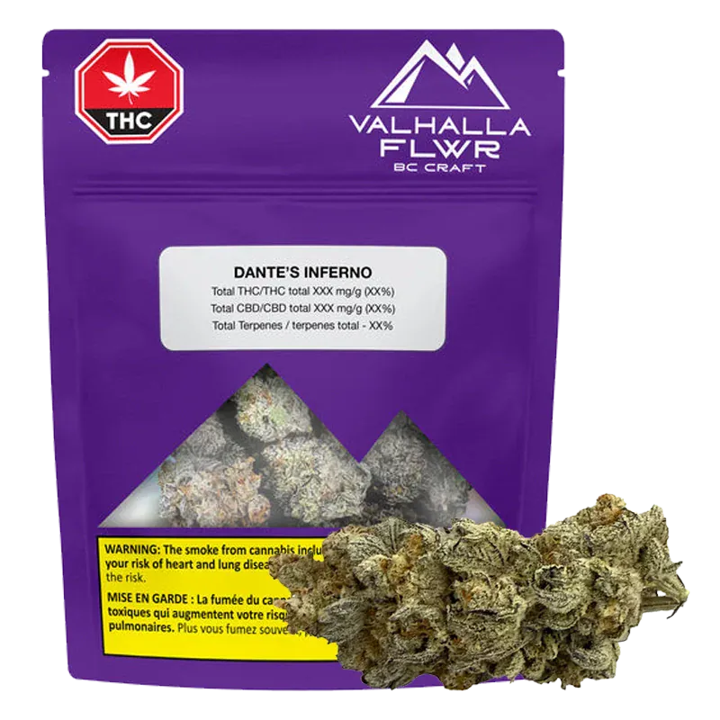 Front-facing purple pouch labeled "Valhalla Flwr Dante's Inferno" with a triangular window showing buds and a single nugget placed in front.