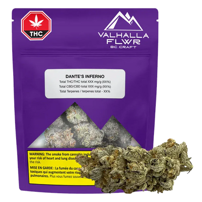 Front-facing purple pouch labeled "Valhalla Flwr Dante's Inferno" with a triangular window showing buds and a single nugget placed in front.