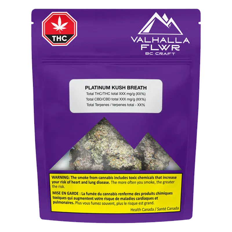 Front-facing image of the purple Valhalla Flwr Platinum Kush Breath pouch with a mountain-shaped clear window showing cannabis buds.