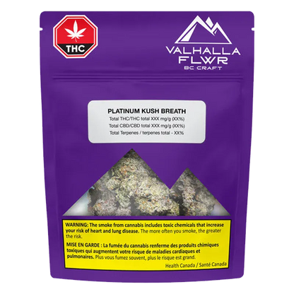 Front-facing image of the purple Valhalla Flwr Platinum Kush Breath pouch with a mountain-shaped clear window showing cannabis buds.