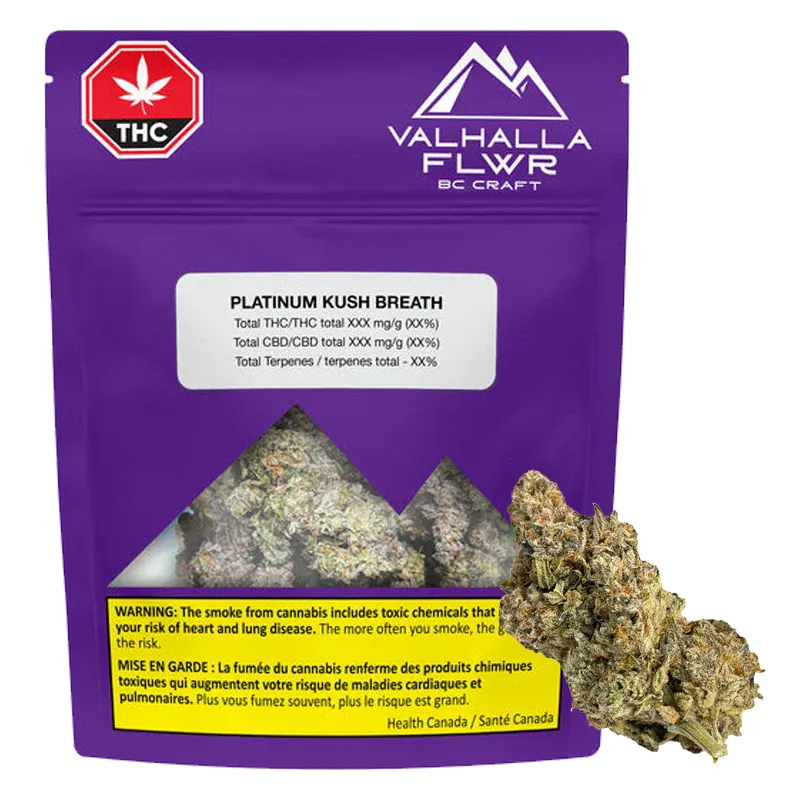 Front-facing shot of a purple Valhalla Flwr Platinum Kush Breath pouch with a clear window showing buds and a single nugget beside it.