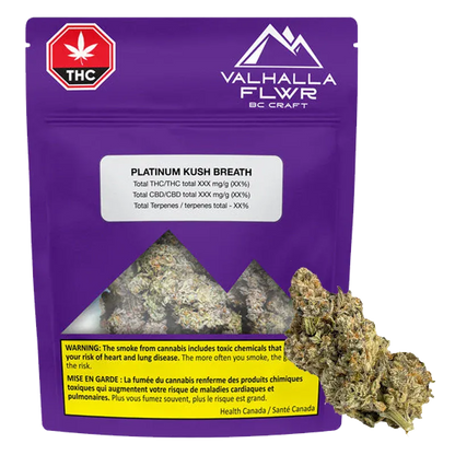 Front-facing shot of a purple Valhalla Flwr Platinum Kush Breath pouch with a clear window showing buds and a single nugget beside it.