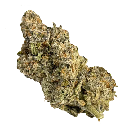Close-up, angled view of a frosty, green-and-orange bud labeled Platinum Kush Breath, showing dense trichomes and a short stem.