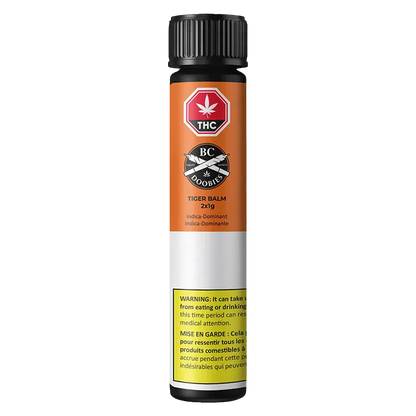 Straight-on view of the Tiger Balm PR 2 x 1 g tube with orange label, black cap, and a yellow warning block near the base.