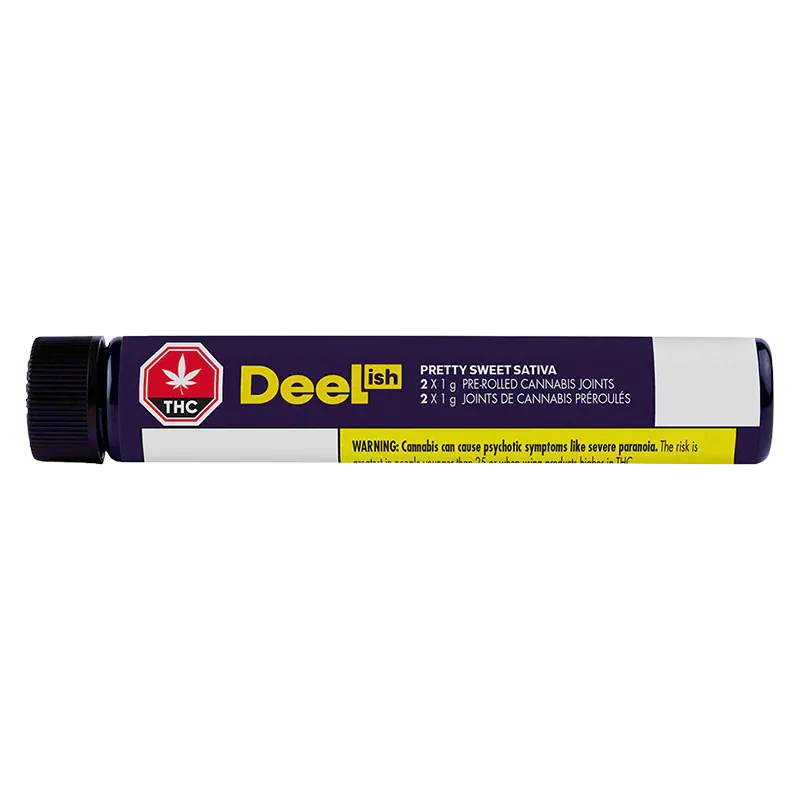 Horizontal close-up of a purple tube labeled Deelish Pretty Sweet PR 2 x 1 g with a black cap and yellow warning strip.