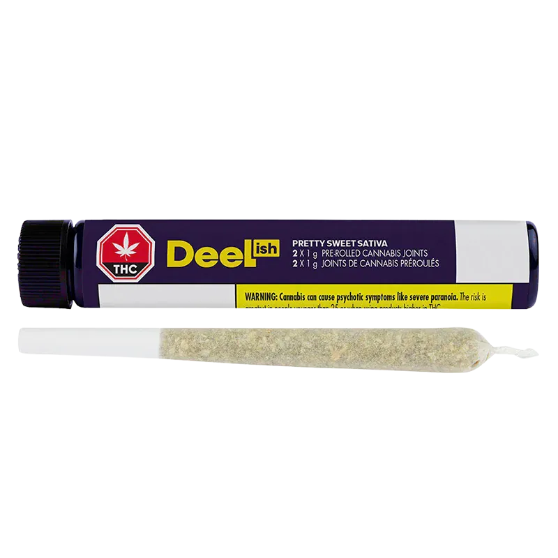 Horizontal product shot of the Pretty Sweet PR 2 x 1 g tube with a rolled joint placed below on a white background.