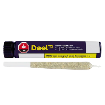 Horizontal product shot of the Pretty Sweet PR 2 x 1 g tube with a rolled joint placed below on a white background.