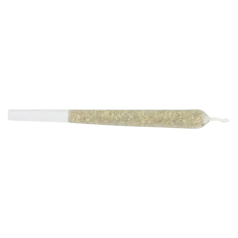 Close-up horizontal view of a single rolled joint labeled Pretty Sweet PR 2 x 1 g centered on a white background.