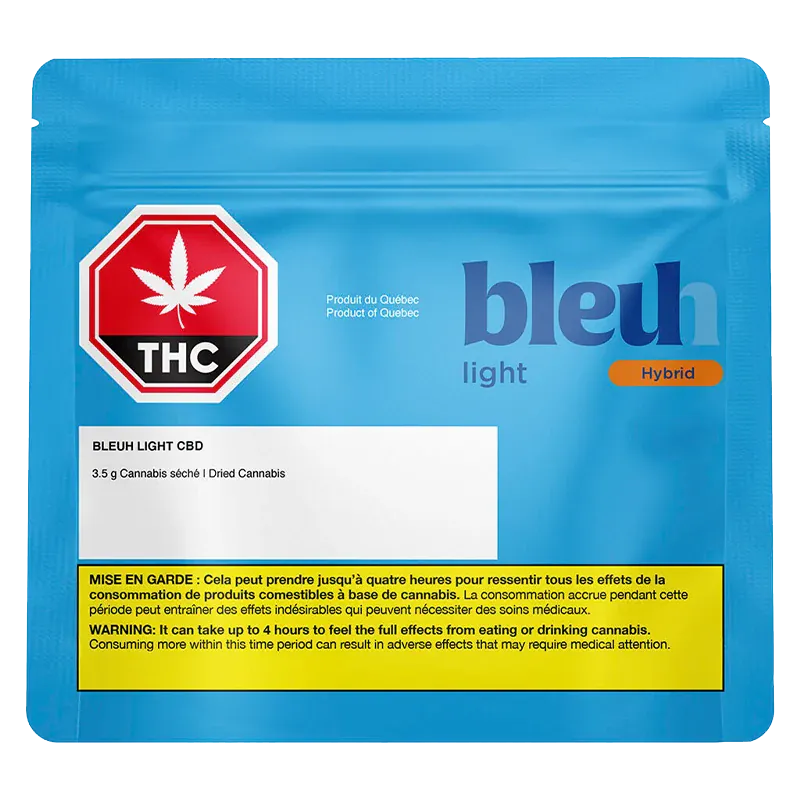 Front-facing shot of a blue resealable pouch labeled Bleuh Light CBD with a red THC stop sign logo and yellow warning box.