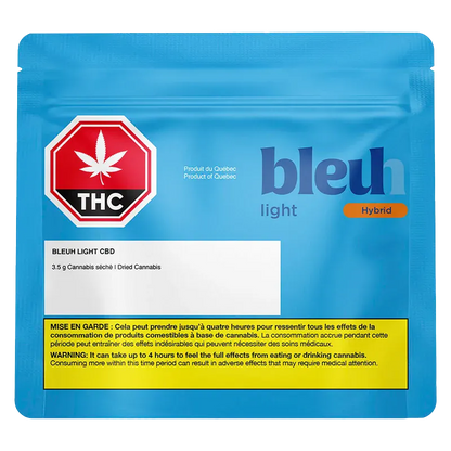 Front-facing shot of a blue resealable pouch labeled Bleuh Light CBD with a red THC stop sign logo and yellow warning box.