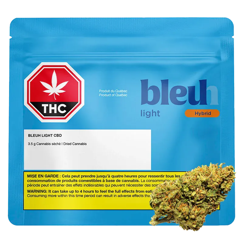 Front-facing pouch shot of Bleuh Light CBD in blue packaging with a red THC symbol on the left and a cannabis bud at the lower right.