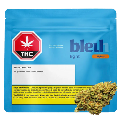 Front-facing pouch shot of Bleuh Light CBD in blue packaging with a red THC symbol on the left and a cannabis bud at the lower right.