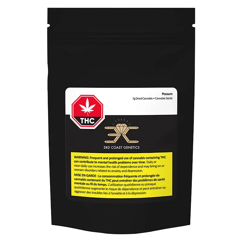 Front view of the black pouch labeled "Possum" from 3RD COAST GENETICS with a white header, red THC symbol, and yellow warning box.