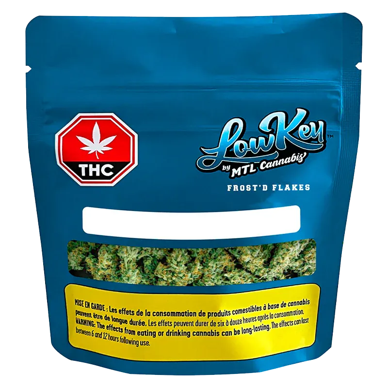 Front-facing blue pouch of Frost'd Flakes by LowKey showing a window of green cannabis buds and a red THC symbol.