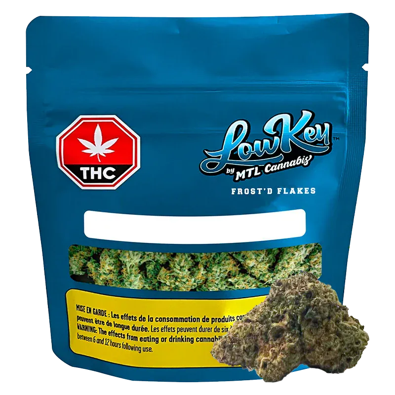Front-facing pouch of Frost'd Flakes by LowKey showing a blue resealable bag with a THC symbol, window of green buds, and a bud in front.