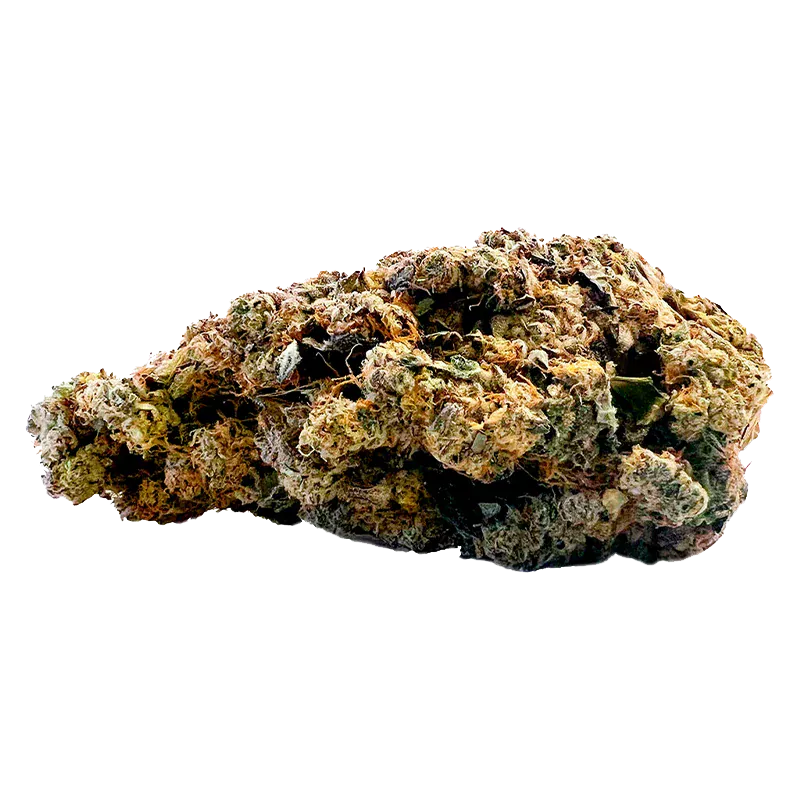 Close-up of a single dense bud of Cookie'z showing green, amber, and frosty trichome textures against a white background.