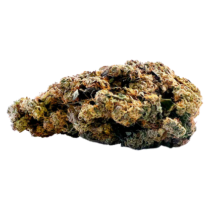 Close-up of a single dense bud of Cookie'z showing green, amber, and frosty trichome textures against a white background.