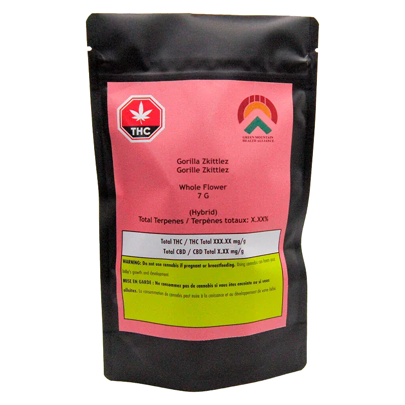 Standing upright against white, the Gorilla Zkittlez black pouch shows a pink label with THC icon, logos, and product text.
