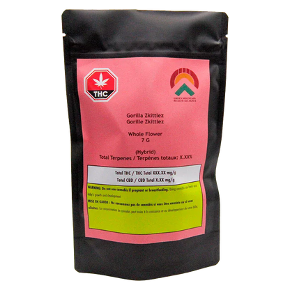 Standing upright against white, the Gorilla Zkittlez black pouch shows a pink label with THC icon, logos, and product text.