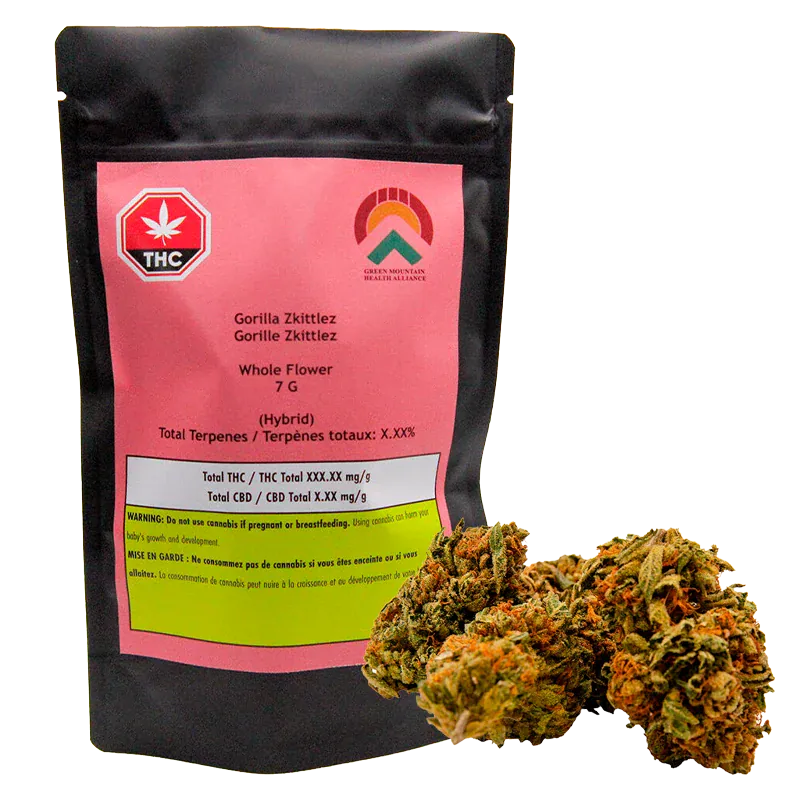 Black pouch with a pink label and cannabis buds in front, showing the Gorilla Zkittlez name and 7 g text.