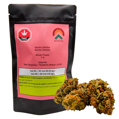 Black pouch with a pink label and cannabis buds in front, showing the Gorilla Zkittlez name and 7 g text.