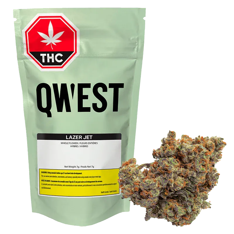 Front view of the mint-green QWEST Lazer Jet Craft pouch with bold black lettering and a cannabis bud at the lower right.