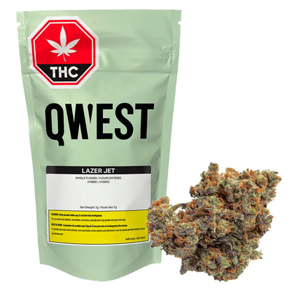 Front view of the mint-green QWEST Lazer Jet Craft pouch with bold black lettering and a cannabis bud at the lower right.