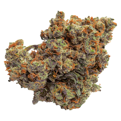 Close-up of a dense, frosty cannabis bud with purple and green hues and orange pistils, labeled Lazer Jet Craft.