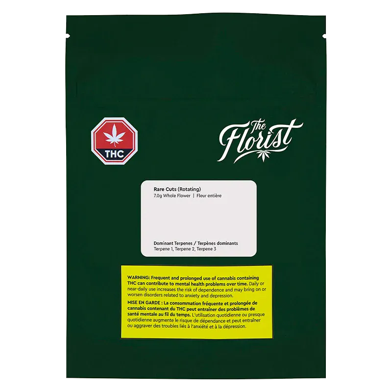 Front view of the dark green Rare Cuts pouch with white "The Florist" logo, THC symbol, and product label and warning blocks.