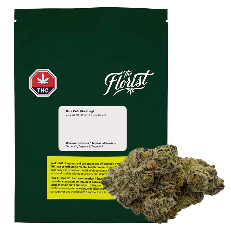 Front-facing shot of the dark green pouch and visible bud labeled Rare Cuts, with "The Florist" logo centered above the white product label.