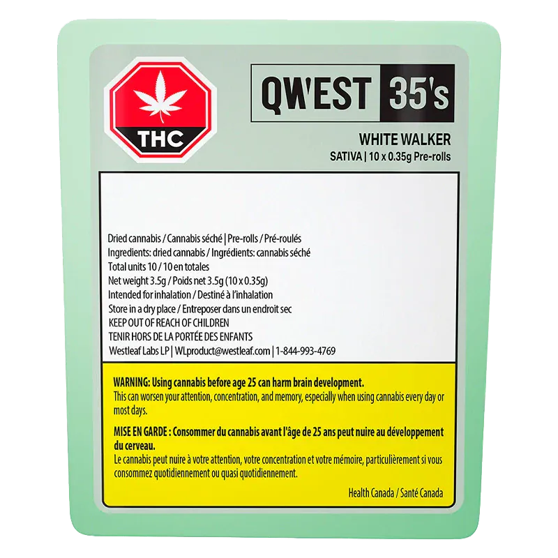 Top-down view of the mint-green QWEST 35's White Walker package showing the THC symbol, product name and a yellow Health Canada warning block.