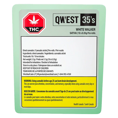 Top-down view of the mint-green QWEST 35's White Walker package showing the THC symbol, product name and a yellow Health Canada warning block.