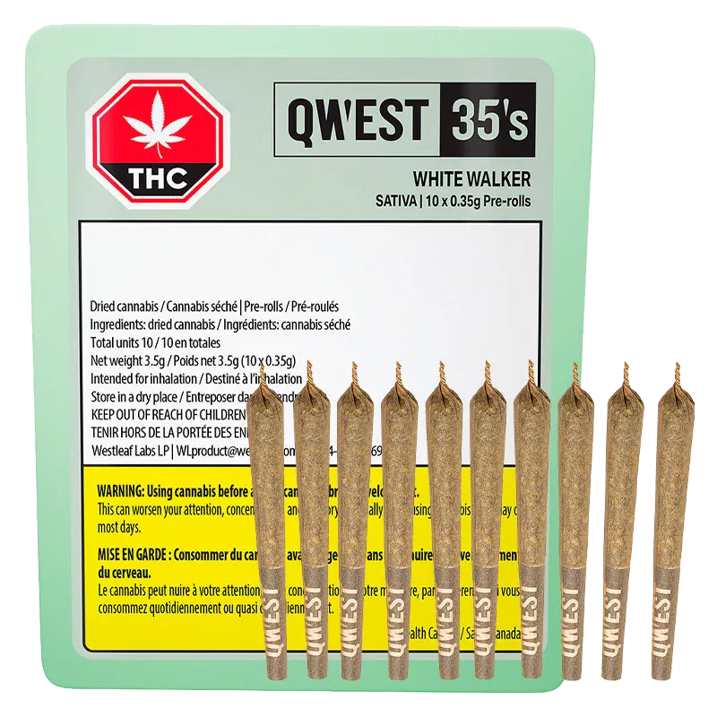 Front view of a row of ten upright pre-rolls in front of the QW'EST 35's White Walker PR 10 x 0.35 g mint-green package, label and THC icon visible.