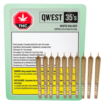 Front view of a row of ten upright pre-rolls in front of the QW'EST 35's White Walker PR 10 x 0.35 g mint-green package, label and THC icon visible.