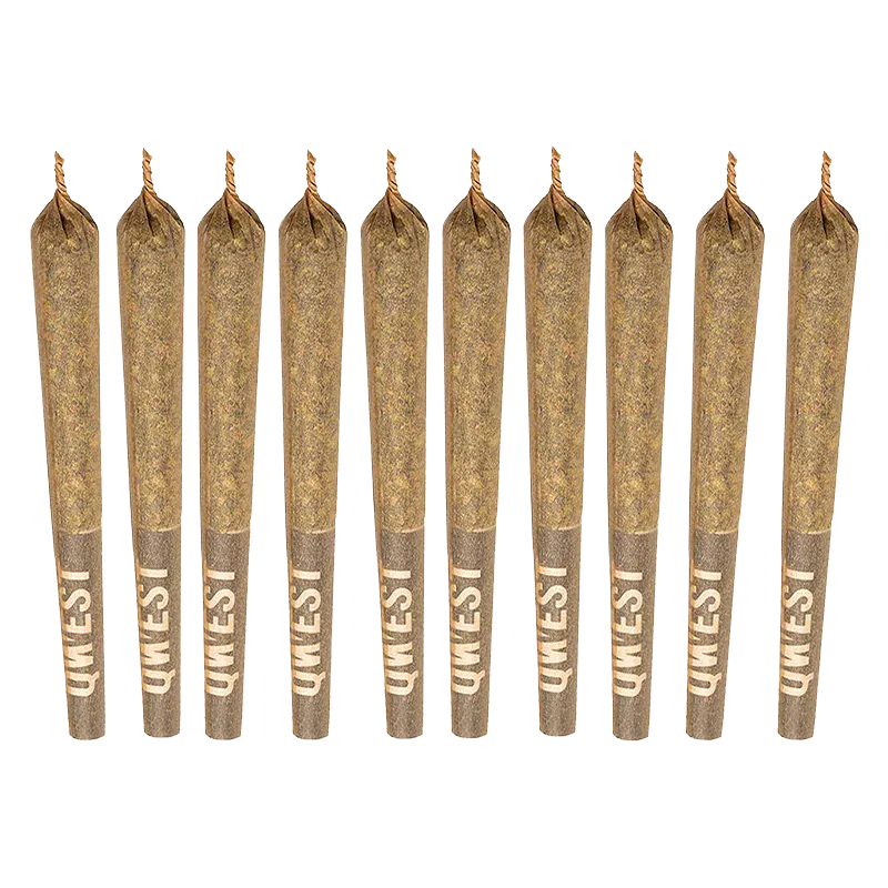 Top-down row of ten pre-rolled cones labelled "35's White Walker PR 10 x 0.35 g" standing upright on a white background.
