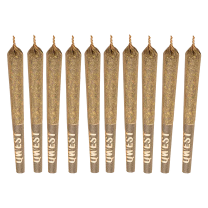 Top-down row of ten pre-rolled cones labelled "35's White Walker PR 10 x 0.35 g" standing upright on a white background.