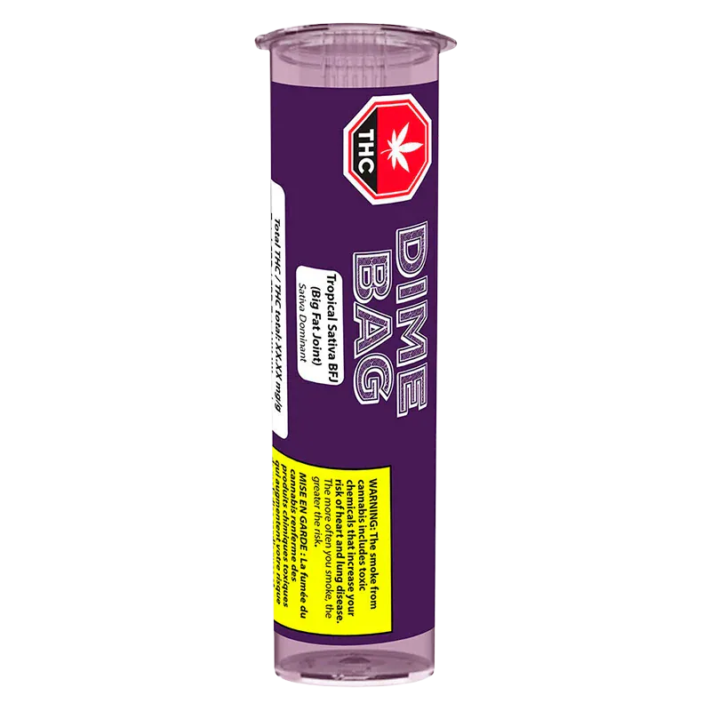 Vertical front view of the purple tube packaging labeled Tropical BFJ PR 1 x 1.5 g with bold "DIME BAG" text and a red THC octagon.