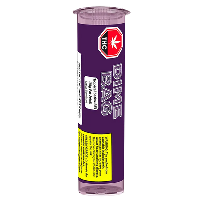 Vertical front view of the purple tube packaging labeled Tropical BFJ PR 1 x 1.5 g with bold "DIME BAG" text and a red THC octagon.