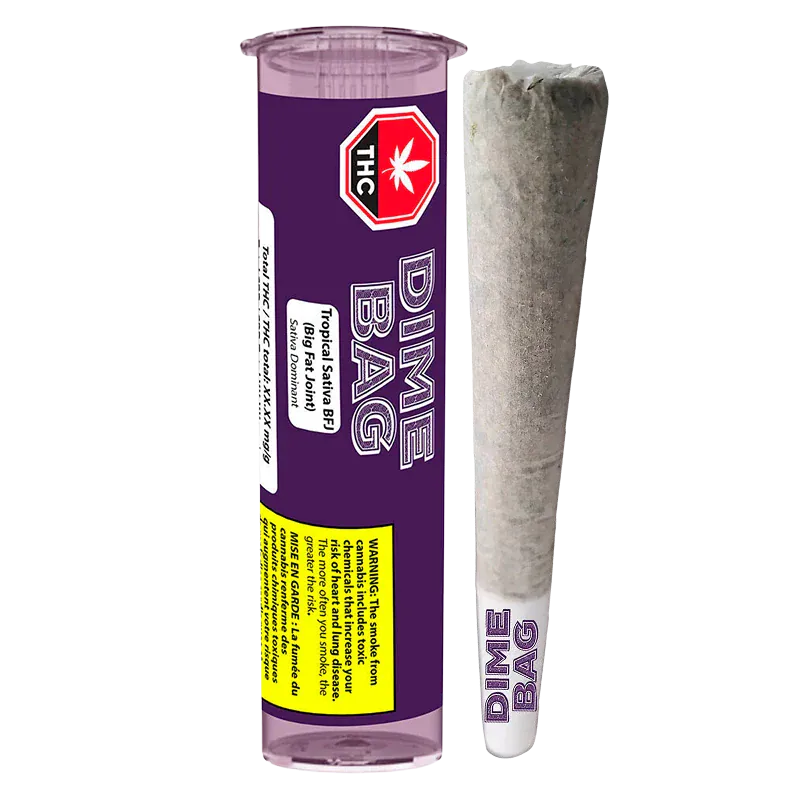 Vertical front view of a purple DIME BAG Tropical BFJ PR 1 x 1.5 g tube standing beside a rolled joint on a white background.