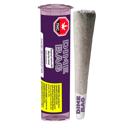 Vertical front view of a purple DIME BAG Tropical BFJ PR 1 x 1.5 g tube standing beside a rolled joint on a white background.