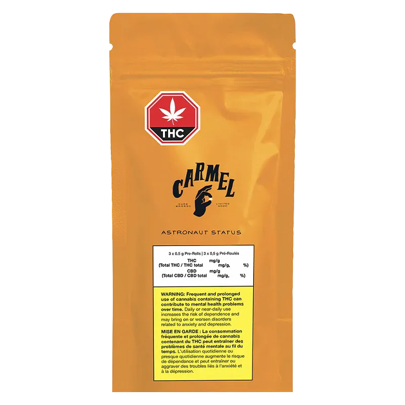 Front-facing shot of the orange Carmel Astronaut Status PR 3 x 0.5 g pouch with a red THC symbol and centered black logo.