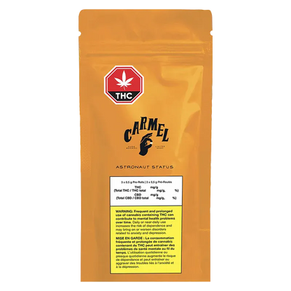 Front-facing shot of the orange Carmel Astronaut Status PR 3 x 0.5 g pouch with a red THC symbol and centered black logo.