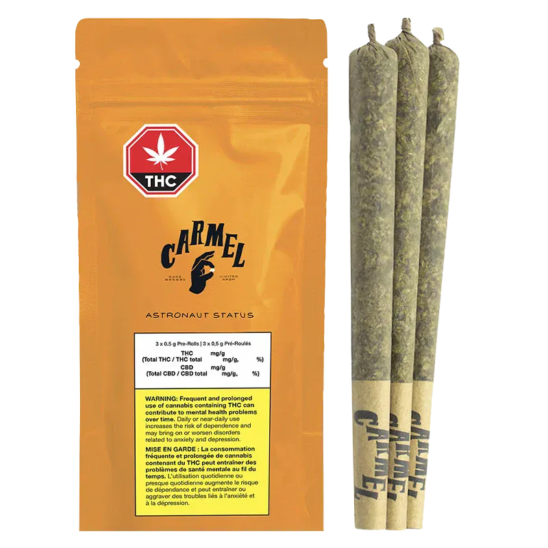 Front-facing shot of the orange Carmel Astronaut Status PR 3 x 0.5 g pouch beside three rolled joints standing upright on a white background