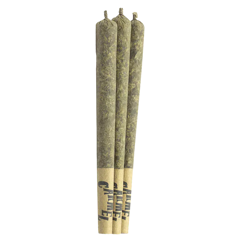 Three upright pre-rolled joints shown from the front against a white background, labeled Astronaut Status PR 3 x 0.5 g.