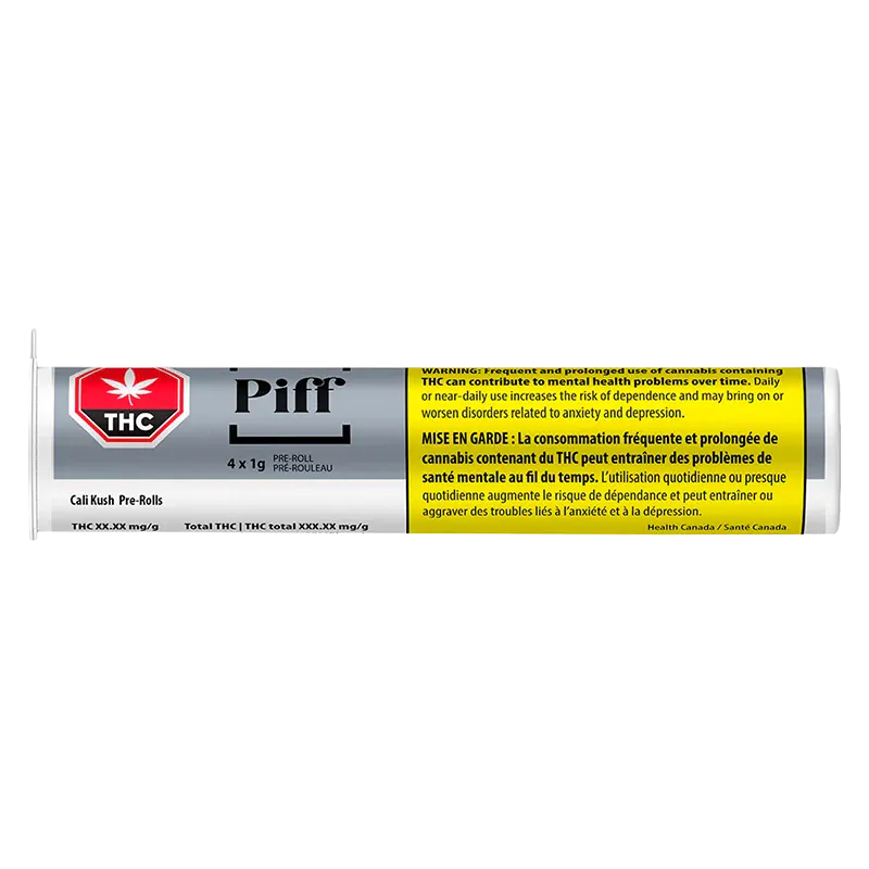 Close-up of the Cali Kush PR 4 x 1 g pre-roll tube label with a silver background, red THC symbol, and yellow bilingual warning panel.