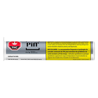 Close-up of the Cali Kush PR 4 x 1 g pre-roll tube label with a silver background, red THC symbol, and yellow bilingual warning panel.
