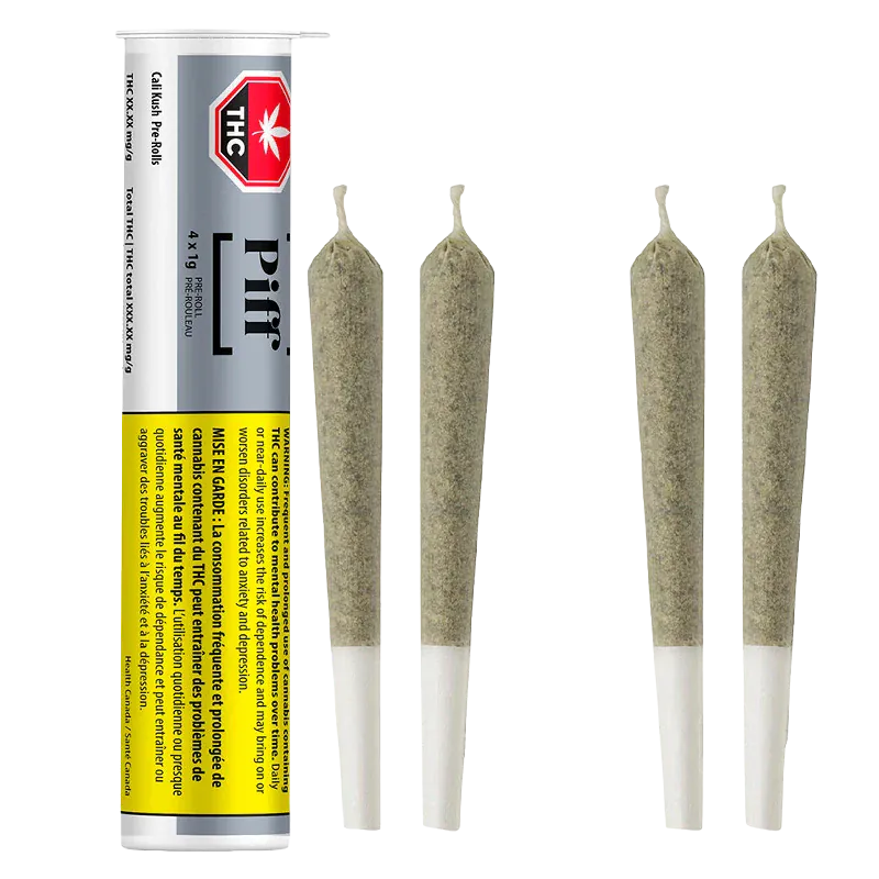 Vertical view of a clear plastic tube of Cali Kush PR 4 x 1 g beside four evenly spaced pre-rolled joints on a white background