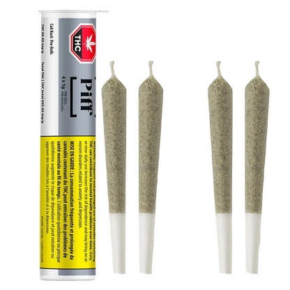 Vertical view of a clear plastic tube of Cali Kush PR 4 x 1 g beside four evenly spaced pre-rolled joints on a white background