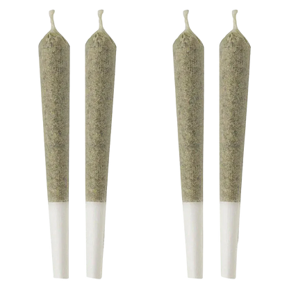 Top-down view of four evenly spaced Cali Kush PR 4 x 1 g pre-rolls with greenish wraps and white filter tips on a white background.