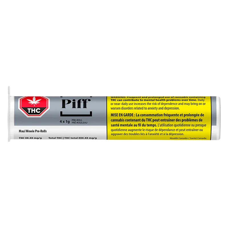 Close-up of the clear tube packaging showing the Maui Wowi PR 4 x 1 g label, red THC octagon, and yellow bilingual warning panel.